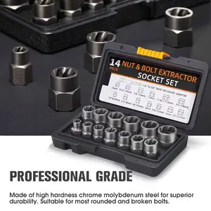 14-Piece Heavy-Duty Impact Bolt Nut Remover Set, 3/8 Inch Drive Head, 13 Sizes (1/4 Inch-19mm), Reverse Thread Sleeve, Fits Stuck Bolts