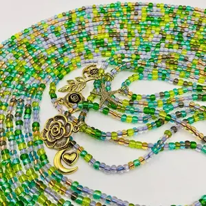 Elegant Waistbeads with Rose Heart and Crescent Moon Charms Green Blue and Gold Beads Handcrafted Jewelry