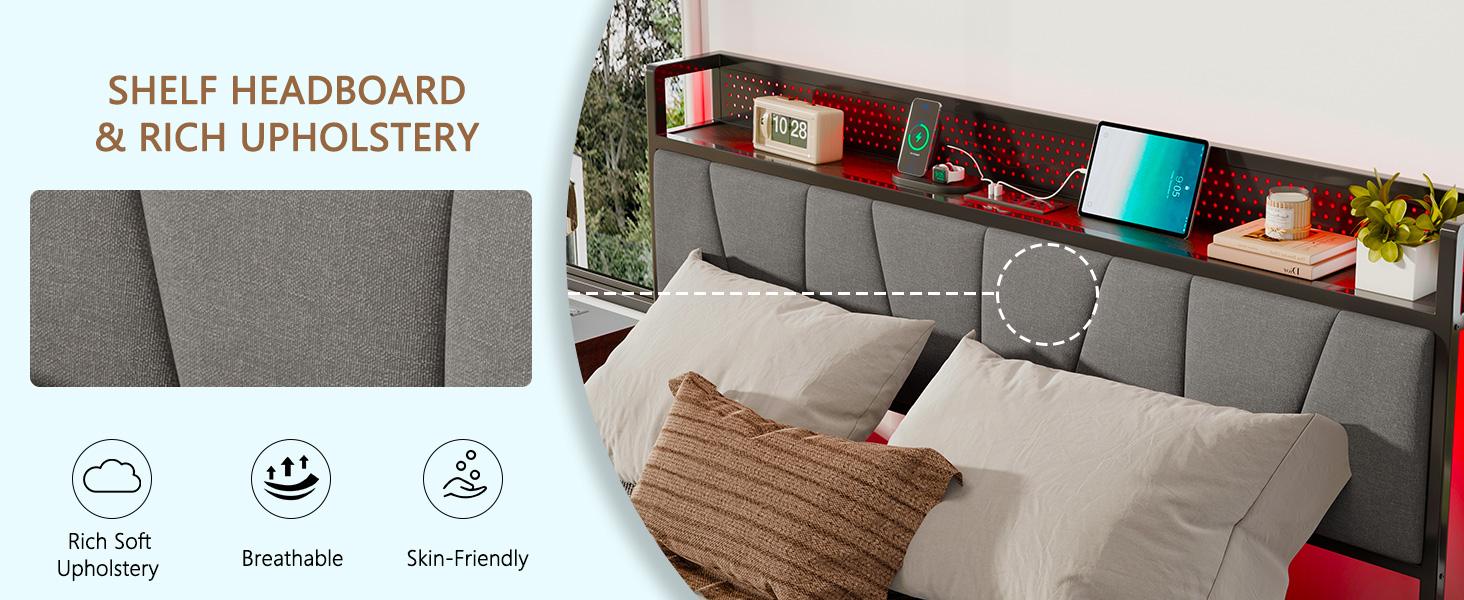 AMERLIFE 3 Pieces Farmhouse Bedroom Set, Includes Full/Queen/King Size Lift Up Storage Bed Frame with LED Lights and Linen Upholstered Headboard, Nightstand Set of 2 with Charging Station