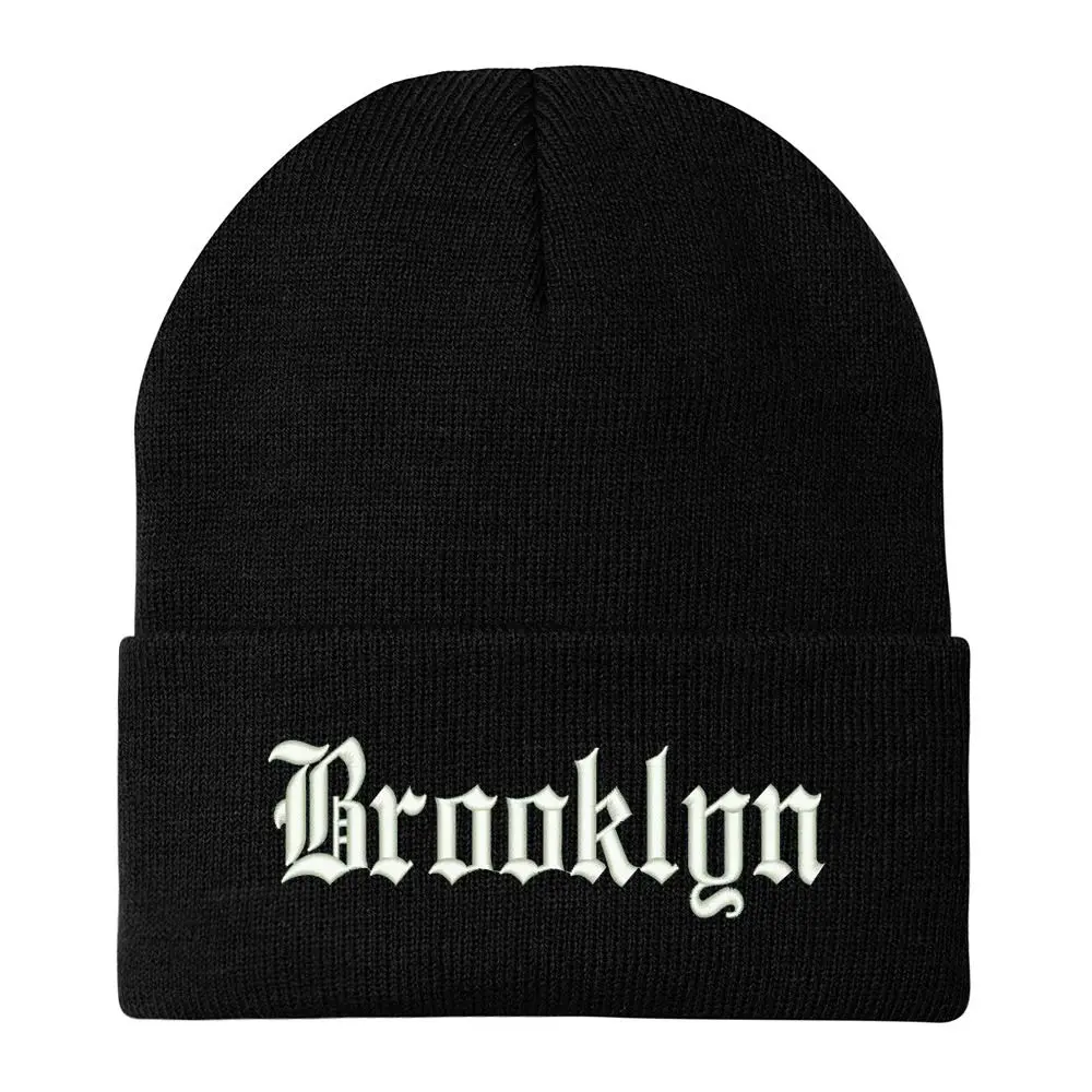Trendy Apparel Shop Old English Font Brooklyn City Embroidered Long Cuff Beanie - Black