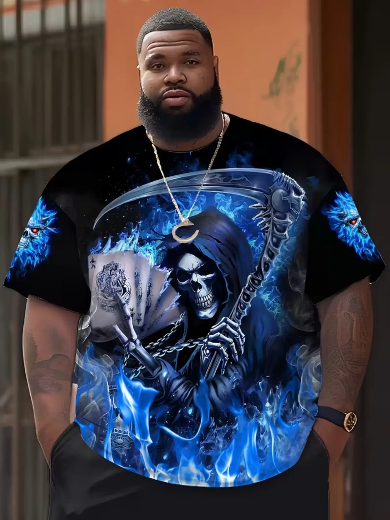 Men's Large Size 3D Death Blue Fire Skull Shirt, Casual Round Neck, Geometric Pattern Print, Loose Fit Knit Fabric, Summer Clothing