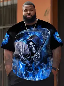 Men's Large Size 3D Death Blue Fire Skull Shirt, Casual Round Neck, Geometric Pattern Print, Loose Fit Knit Fabric, Summer Clothing