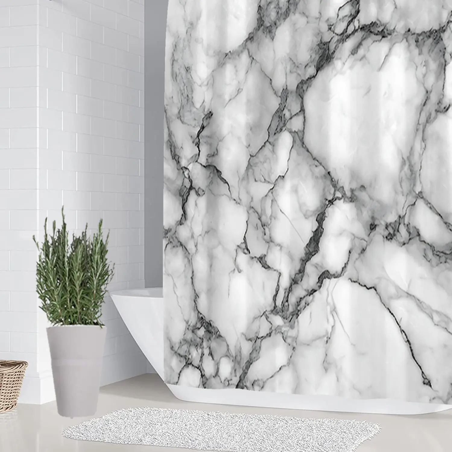 1/4 piece white marble pattern, Shower Curtain Sets, Restroom Bathroom Accessories, shower curtain, toilet seat cushion, bathroom cushion, bathroom decoration with 12 hooks, waterproof partition curtain, bathroom decoration accessories