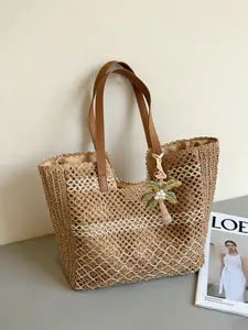 1pc Ladies' vacation-style openwork rattan tote bag, featuring a fresh beach aesthetic with coconut tree ornament details, suitable for beach trips, casual outings, and vacation occasions, Bohemian Straw Bag