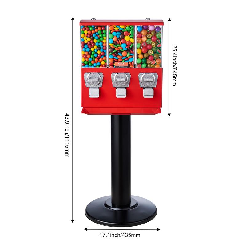 VEVOR Commercial Vending Machine,  , Triple Compartment Candy Dispenser with Iron Stand, Gumball and Candy Machine for Business, Coin Operated Gumball Bank for Toy Capsules Bouncy Balls Candy Nut, Red