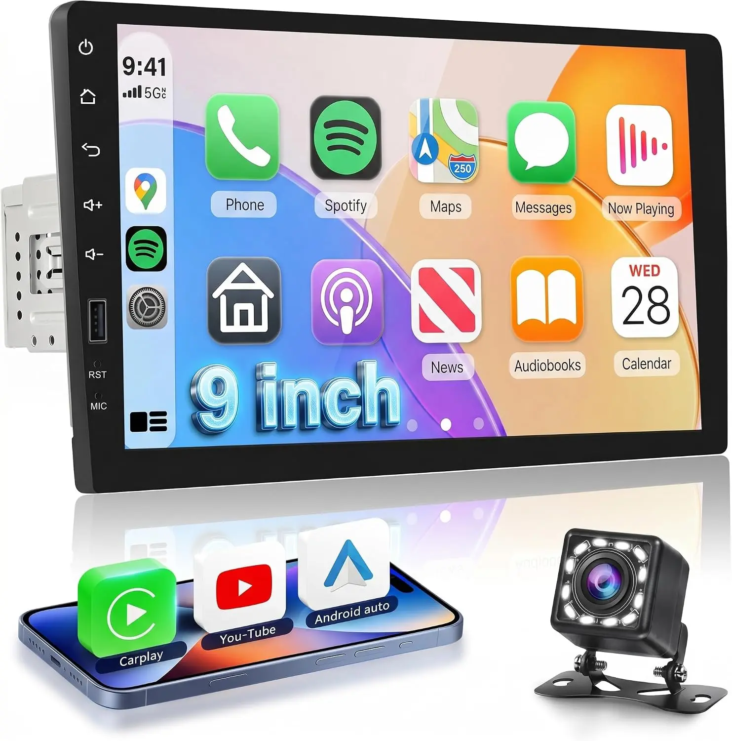 Single Din Radio 9 Inch IPS Touchscreen Car Stereo, Wireless CarPlay Android Auto, 1 Din CarPlay Radio Bluetooth, FM/AM/RDS, YouTube Video, EQ, SWC, Backup Camera