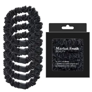 Market Fresh Beauty Silk Skinny Hair Scrunchies, 6 Pack - Prevents Hair Breakage & Crease-Free Hold for All Hair Types, Elegant Black