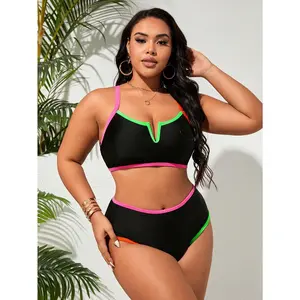 Curvy Friendly Black Bikini with Neon Pink Green Orange Trim Plus Size High Waisted Bikini with Adjustable Neon Color Straps High-Waisted Shoulder Strap Bikini swimsuits 2 piece fashionable beachwear