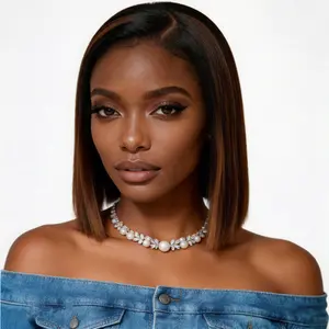 Wear and Go Ombre Brown Bob Wig Human Hair C Part 180% Density 5x5 HD Lace Closure Pre Plucked Pre Cut Glueless Wig Bob Wigs for Black Women Human Hair Glueless Chocolate Brown Short Straight Bob Drawstring Pull & Go Wig Beginner Friendly Remy Hair Wig