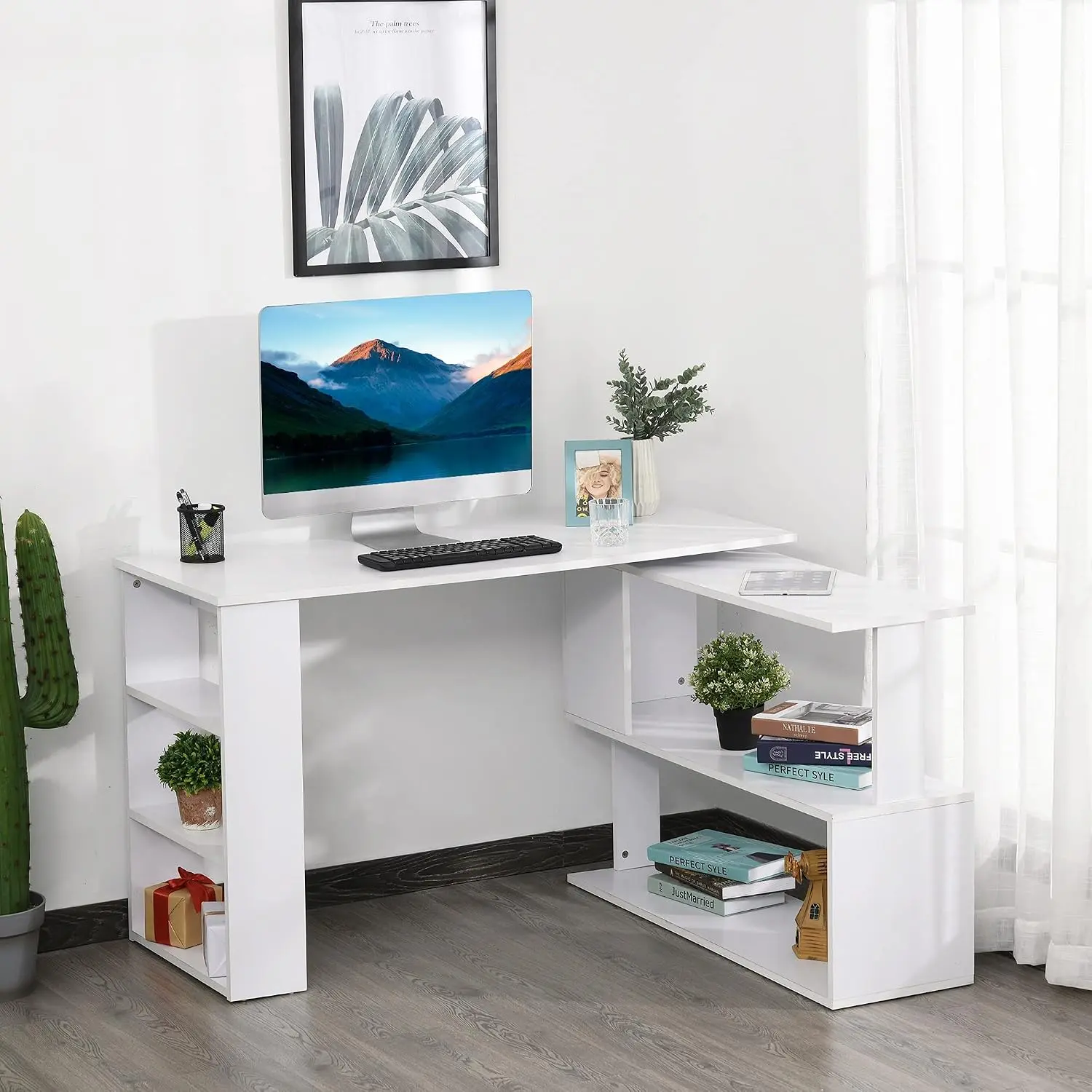 Greywick 360 Rotating L Shaped Desk Corner Computer Desk with 2-Tier Storage Bookshelves Foldable Writing Study Table Workstation for Home Office Bedroom