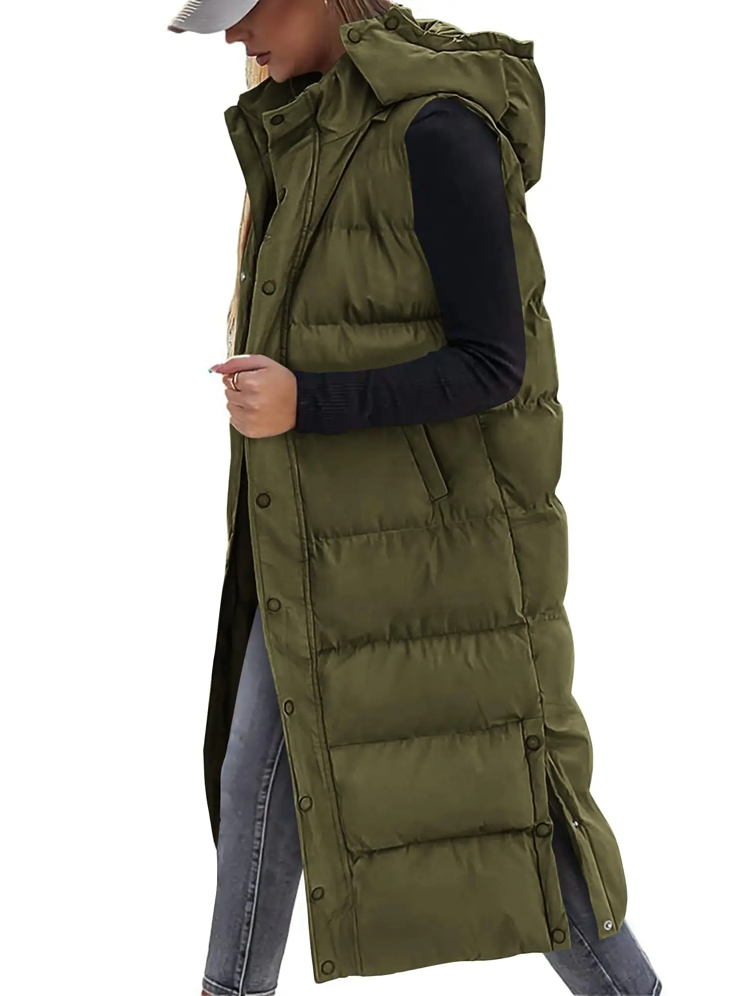 BTFBM Women's Long Puffer Vest with Quilted Hood and Button Down Closure for Winter Coat 2025 - Tops, Womenswear