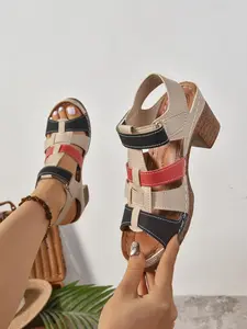 Women's Colorblock Velcro Chunky Heel Sandals, Open Toe Comfortable Mid-Heel Roman Shoes, Summer Fashion Casual Women's Shoes