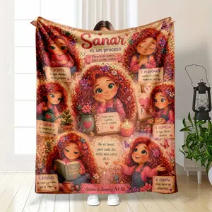 Ultra-Soft Lightweight Cozy Inspirational Mental Health Healing Flannel Blanket, Whimsical Red-Haired Girl Floral Illustration Design, Perfect for Bedroom Aesthetic & Living Room Sofa Decor, Thoughtful Emotional Support Gift for Friends