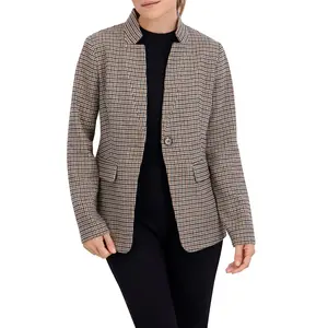Inverted Collar Plaid One Button Unlined Blazer