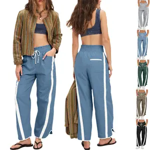 Buenoble Casual Wide Leg Pants Woman Drawstring Elastic Waist High Rise Strip Flowy Long Lounge Trousers with Pockets