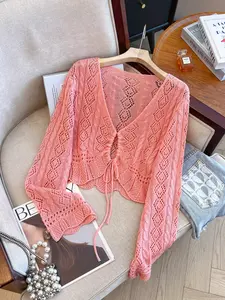 Summer Women's Hollow Out Bow Half Button Lightweight Fitted Knitwear, Casual Sweet Vacation Style, Ice Silk Sun Protection Sweater, Womenswear