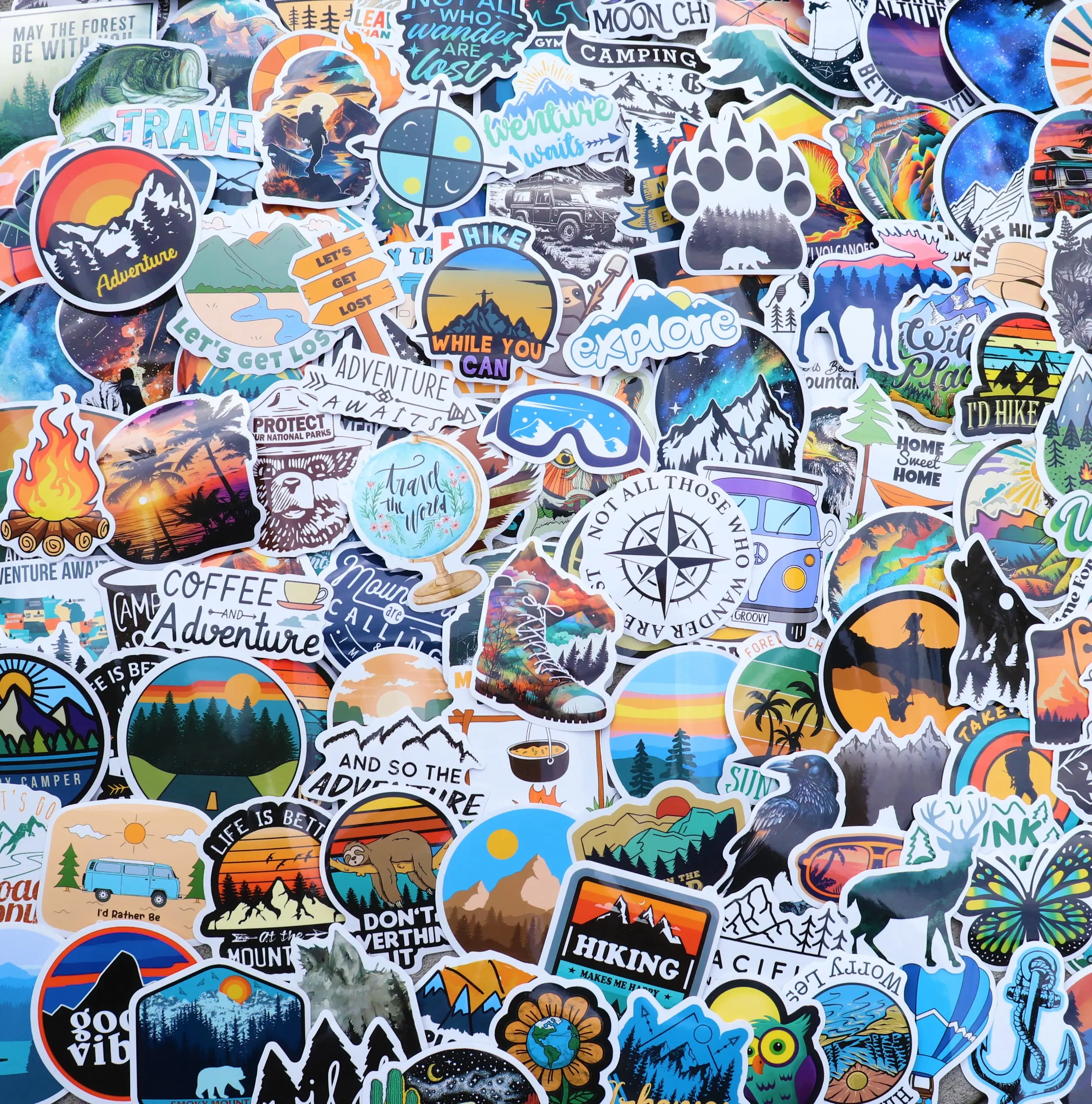 200 Pcs Outdoor Hiking Waterproof Vinyl Decals - Long Wearing, Strong Sticky Office Labels for Hikers, Camper Supplies, Laptops, Water Bottles; Adventure & Outdoor Safe Multi-Use Stickers