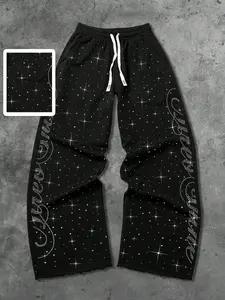 Trendy High Street Style Drilled Night Sweatpants, Loose Wide Leg, Graphic Pattern, Casual Fashion for All Seasons