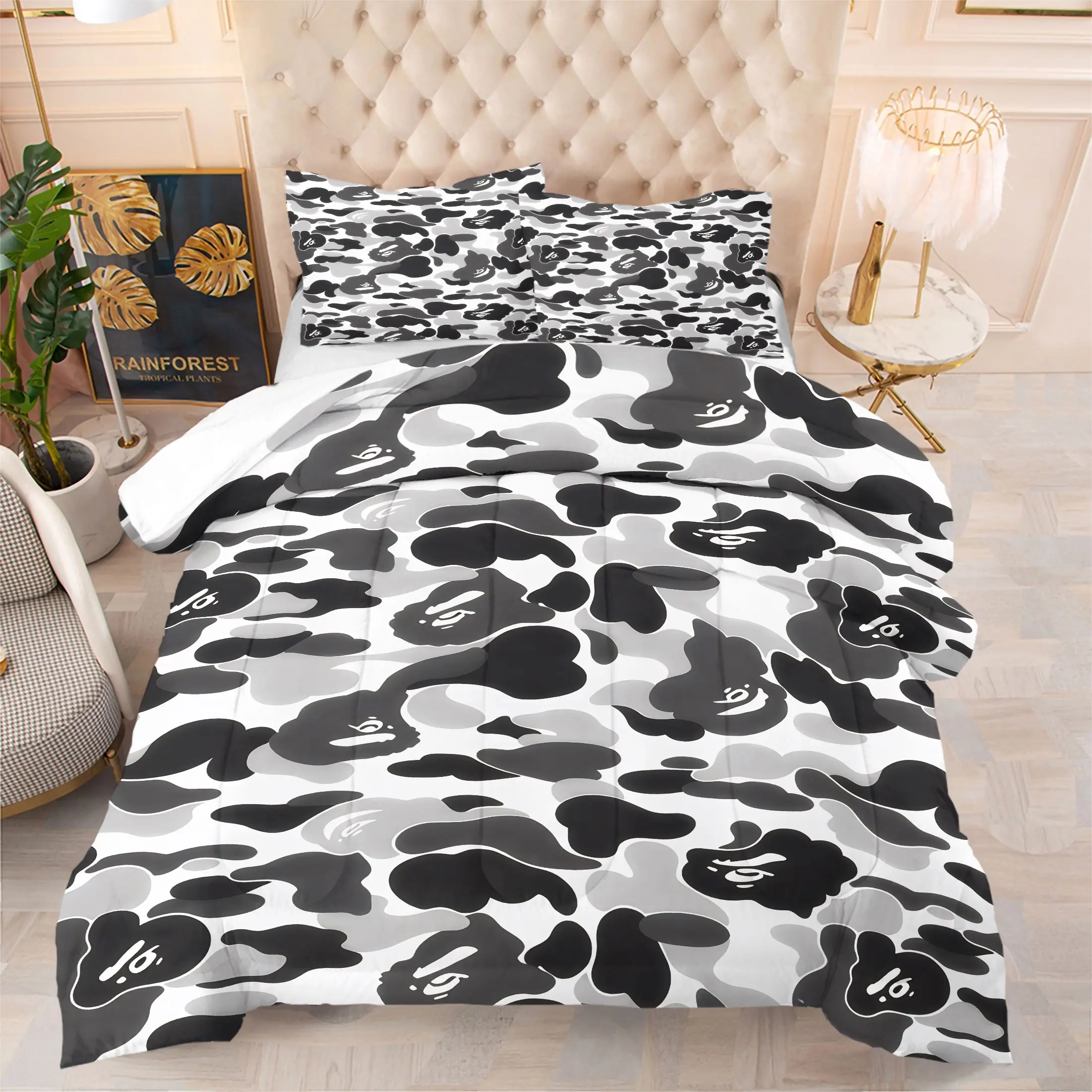 Monochrome Camo Print Comforter Set, Includes 1 Quilt & 1-2 Pillowcase, Soft Microfiber Bedding Set for Teen Boys Bedroom Dorm Apartment Decor, Zipper Design Bed Cover, No Pillow Insert