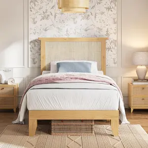 GAOMON Twin Rattan Bed Frame, Bohemian Rattan Bed Frame Twin with Natural Headboard, LED Lights, No Box Spring Needed