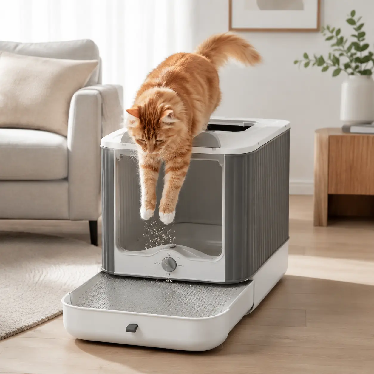 Large enclosed cat litter box with lid, odor-free hooded design, includes waste scoop, self-grooming feature, deodorizing filter, front entrance and top exit door, easy to install and clean high side resistant anti-urine leakage pull-out