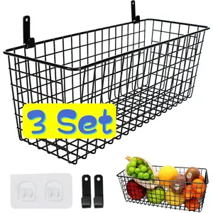 3 Set [Extra Large] Hanging Wall Baskets ,Wire Basket For Storage Pantry, Farmhouse Food Storage Kitchen Pantry Laundry Closet Garage RV ,Black