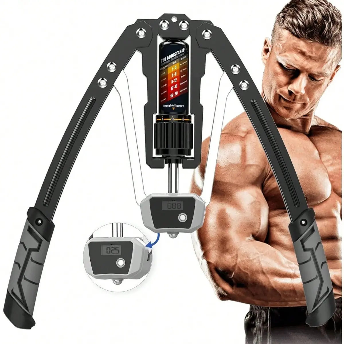 Adjustable Hydraulic Arm Exerciser, 10-200kg Resistance with Smart Counting, No-Rebound Safety Design, Carbon Steel Chest Expander for Biceps, Triceps & Chest Workout, Portable Home Gym Fitness Equipment for Men Beginners & Advanced