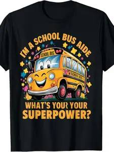 Retro "I Am A School Bus Aide" Funny T-Shirt - Vintage Bus Driver Tee Suitable for Back to School, School Staff Apparel, Machine Washable Casual Round Neck Shirt