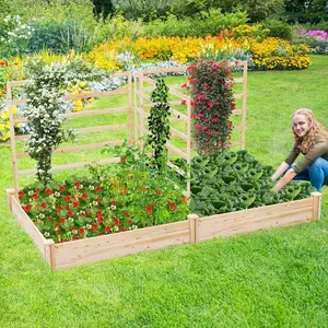 [Costway] Raised Garden Bed, Wood Garden Box w/Open Base Design, Outdoor Wooden Planter Box Kit for Vine Climbing, Fruits, Vegetables, Flowers, Herbs