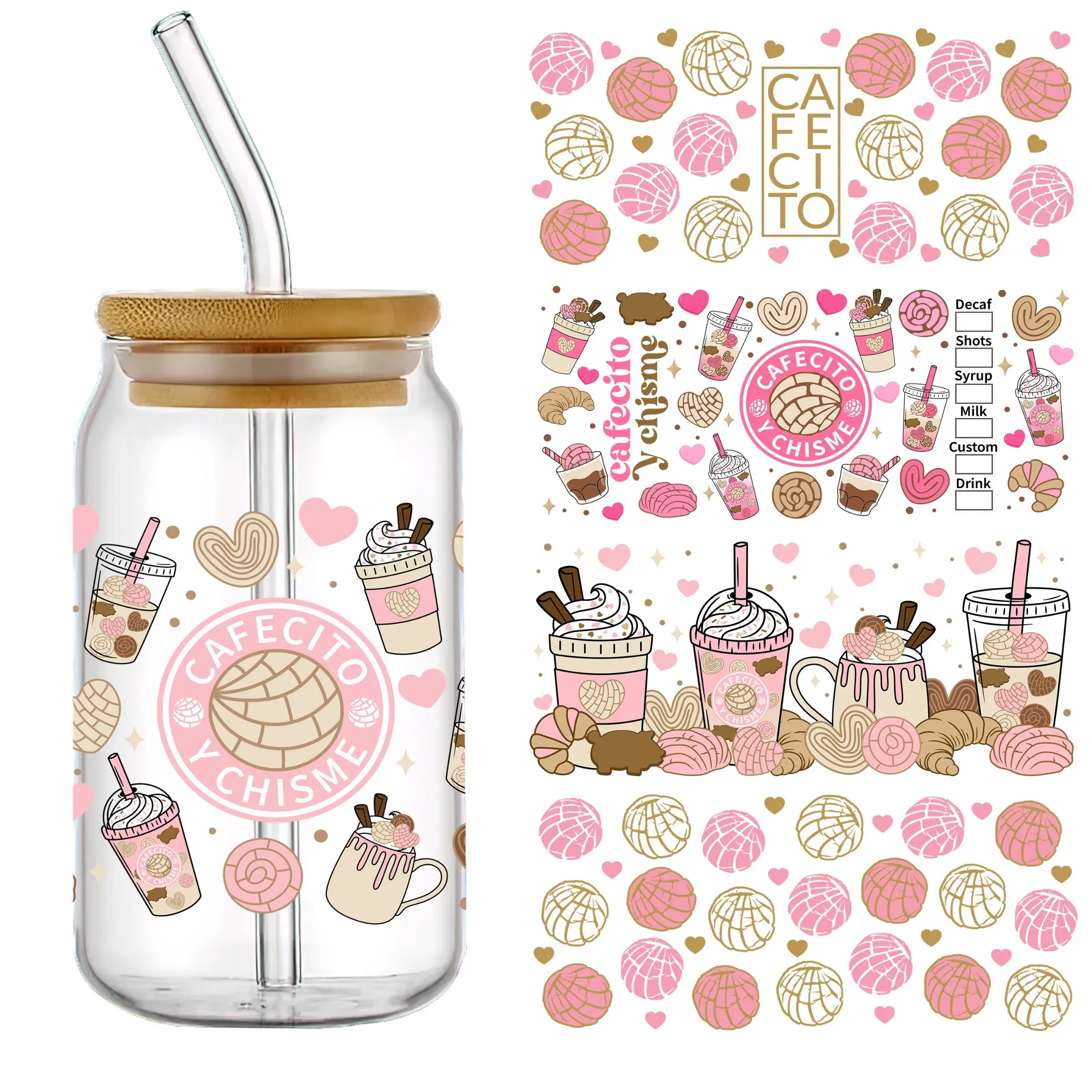 5pcs/set Cafecito Y Chisme UV DTF Cup Wraps Decals Transfer Printing Self-adhesive Stickers, Crafts Cup Stickers, for Mug Water Bottle Cup, DTF Transfer Sticker for 16oz Glass Can Wrap, 3d Crystal Label, DIY Wrap Transfer Includes Sticker