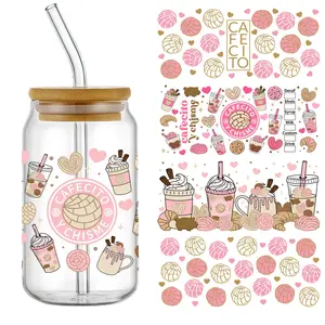 5pcs/set Cafecito Y Chisme UV DTF Cup Wraps Decals Transfer Printing High Quality Self-adhesive Stickers for Mug Water Bottle Cup, DTF Transfer Sticker for 16oz Glass Can Wrap, 3d Crystal Label High Quality And Scratch Resistant, DIY Wrap Transfer