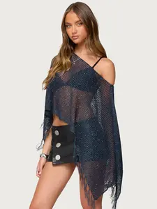 Tassel Hem Beaded Knit Cover-Up Top, Beach Vacation Style Hollow Out Cape, women's Loose-Fitting Plain Pattern Outerwear