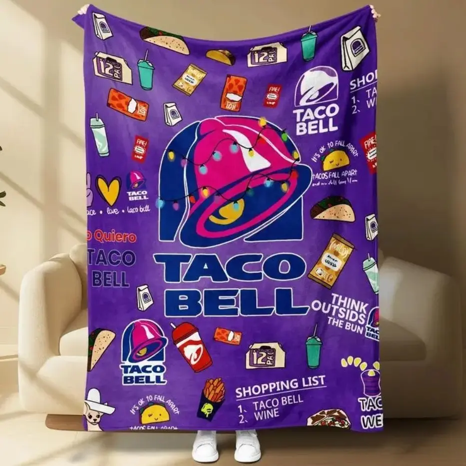 Taco Bell Themed Flannel Blanket, Bold Graphics, Tacos Drinks Sauce Packs, Cozy Sofa Lounging, Bedroom Naps Office Use Movie Nights Warm nap Blanket Applies to Super soft  decorative sofa/sofa/bedroom