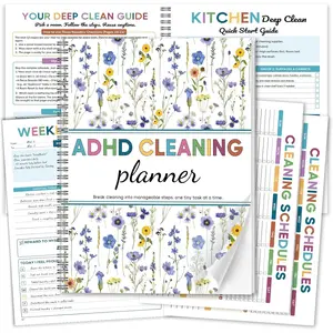 Cleaning Planner for Adults - Floral Cover Design. Undated Colorful Daily Weekly Monthly Quarterly Yearly Chore  Log. Wipe-Clean PVC Spiral Journal for Organizing  & Dopamine Menu List