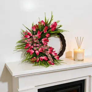 Fresh Spring Tulip Half Wreath, Tulips with Leaves and Printed Bow, Country Farmhouse Style Front Door Decor, Doorframe Ornament