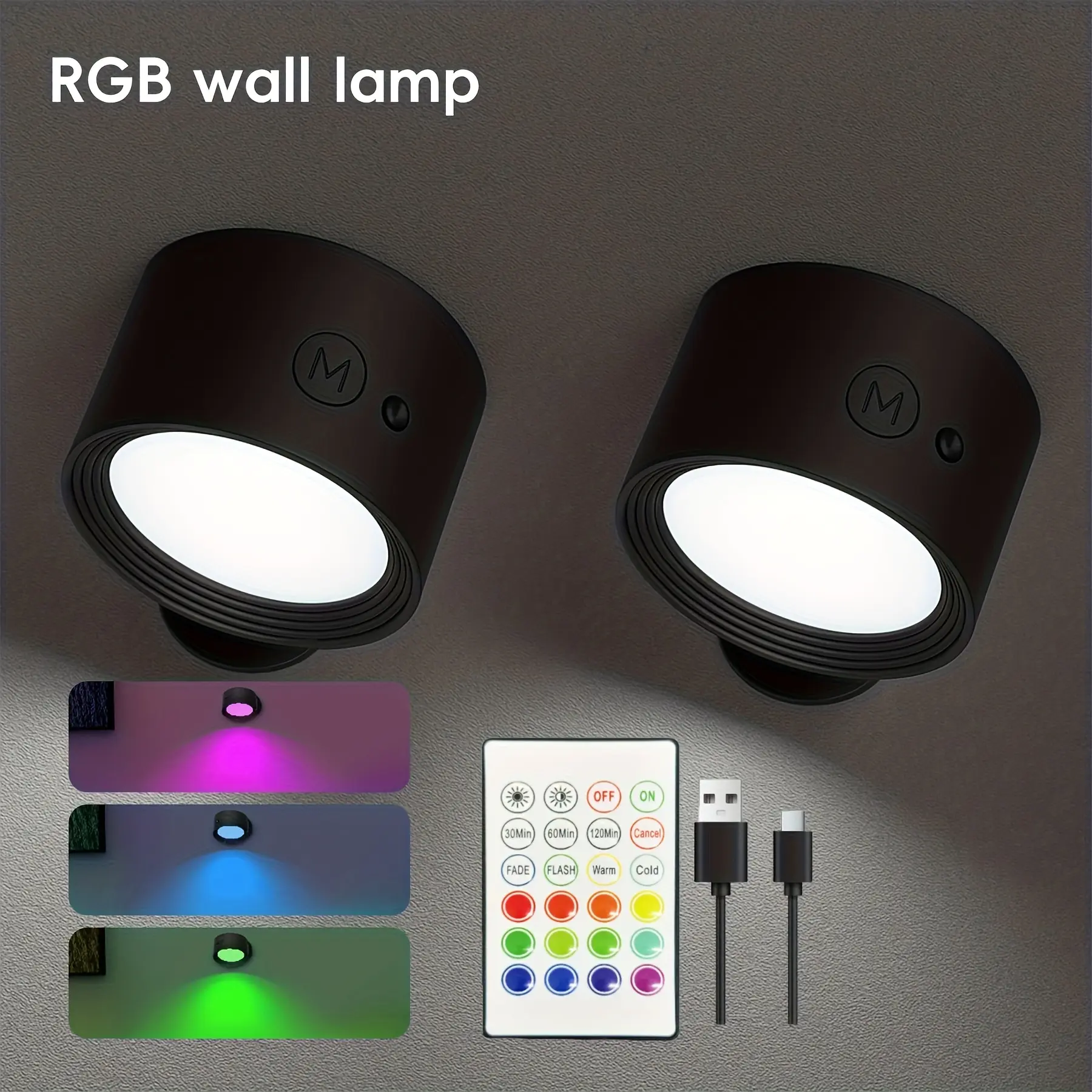 [Rechargable RGB Wall Light] 1pc/2pcs With Remote Control, 360 Rotating, Wall Lights, Christmas Lights, Black Wall Lights, For Home, Dormitory, Wardrobes, Corridors, Stairs, Bedrooms, Desks Adjustable Rgb Lighting Adjustable Leds