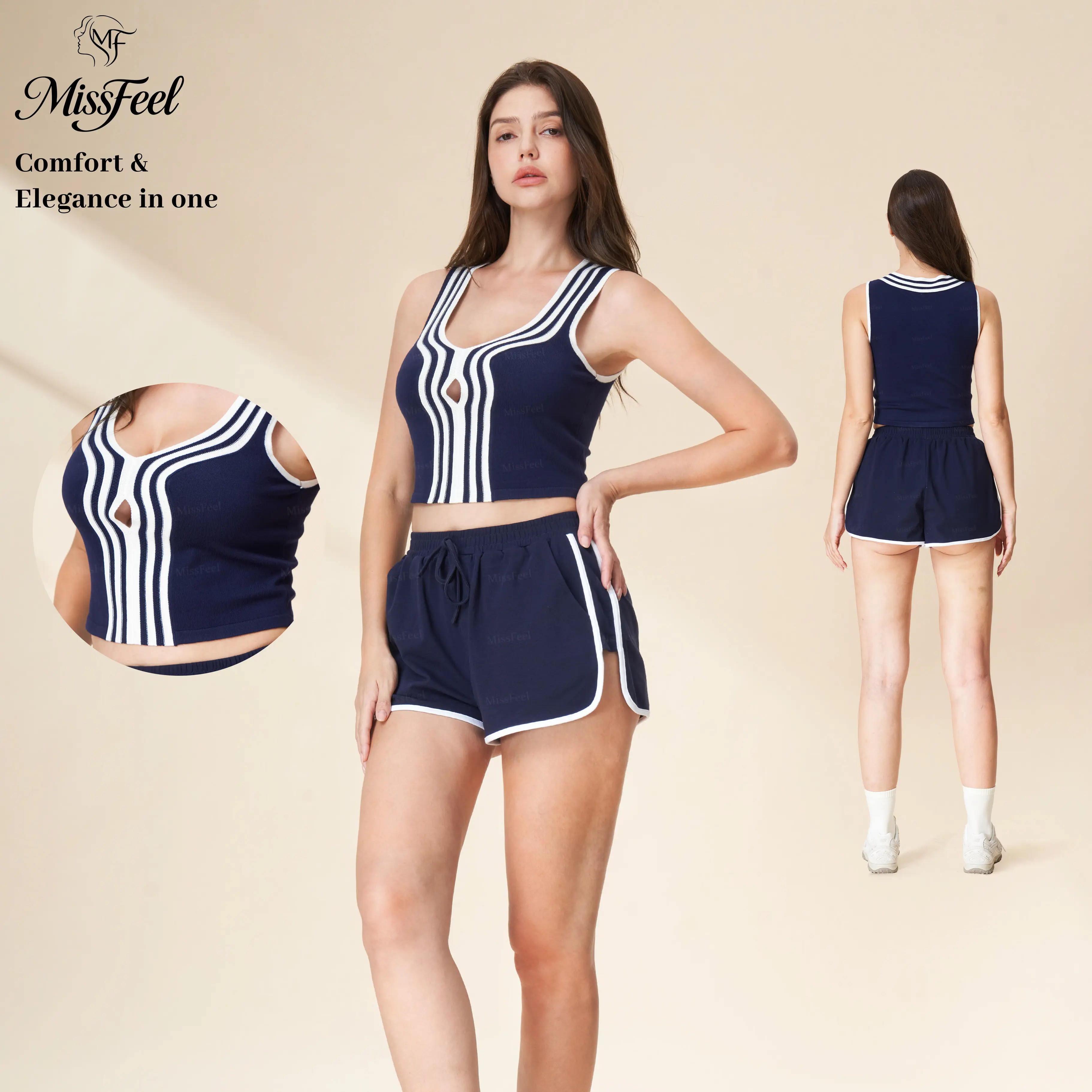 Women's MissFeel 2-Tone Curved Wavy Stripe U-Neck Cutout High-Stretch Viscose Knit Sleeveless Crop Tank Top, Summer Essential tank tops tube tops