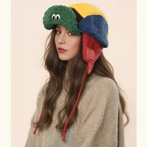 Cute Puffer Frog Lamb Fleece Aviator Hat Warm Winter Ski Cap for Outdoor Sports Polyester Fiber Trapper Style Cozy Whimsical Design