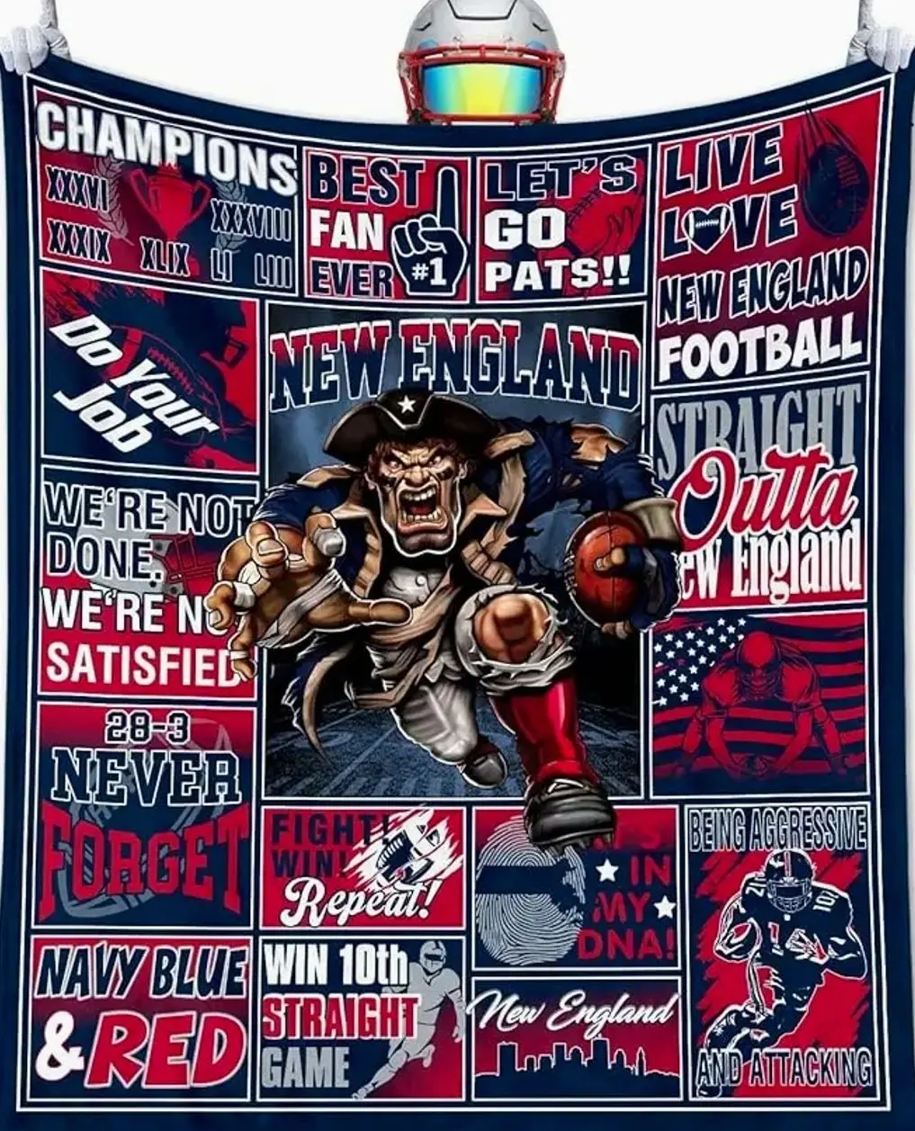New England Football Inspired Flannel Blanket, Navy Red Vintage Fan Throw Blanket, Soft Cozy Sofa Bed Decor Gift