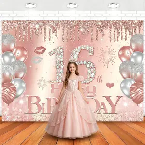 Sweet 16 Birthday Backdrop Banner - Sparkly Glitter Design, Premium Fabric Material, Wrinkle Resistant & Reusable, Perfect for Photo Booth, Party Decoration, Wall Background, Great Birthday Gift for Teen Girls, Party Supplies