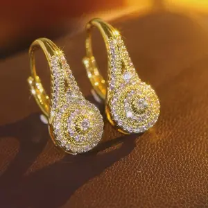 Sparkling Dual Tone Silvery Golden Teardrop Hoop Earrings Full Pavé Cubic Zirconia Trendy Luxury Fashion Jewelry Daily Party Date Night Accessory Ideal Holiday Christmas Valentine Anniversary Gift for Her Women