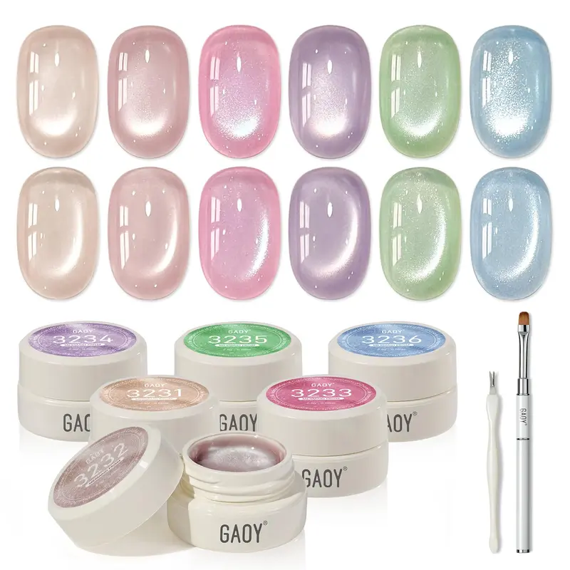 GAOY Sheer Silk Cat Eye Gel Nail Polish Set 6 Colors, Mermaid Prism | Jelly Pink Blue Green Holographic, for Salon Manicure & Nail Art DIY at Home
