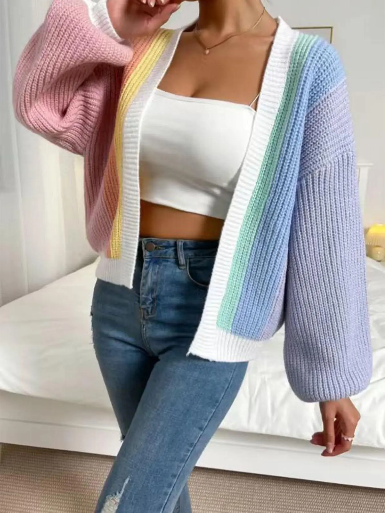 【Plus Size】 Lantern Sleeve Open Front Cardigan, Casual Fashion Long Sleeve Cardigan for Fall & Winter, Women's Plus Size Casual Elegant Knitwear for Daily Wear, Knitwear Matching Clothes