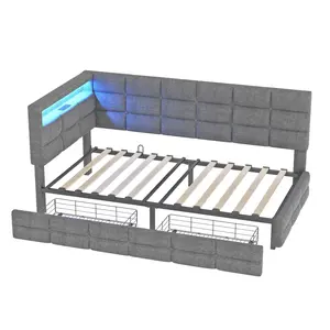 Upholstered Twin Daybed with 2 Storage Drawers LED Lights Charging Station Storage Headboard No Box Spring Needed Platform Bed Frame for Bedroom Living Room Gray Eucalyptus Wood Iron Linen Fabric