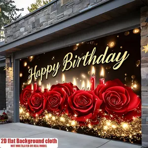 2D Flat, Elegant Red Rose & Golden Glitter Birthday Party Backdrop Banner - 2D Flat Polyester Wall Decoration with "Happy Birthday" Text gifts, 2D Flat