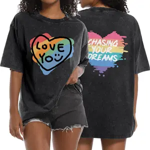 2026 New Rainbow Love Heart LOVE YOU Vintage Print T-shirt Loose Short Sleeve Women's Tee