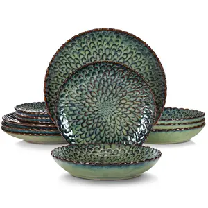 vancasso Chrys Green Dinner Set- 12 Pieces Stoneware Dinnerware Set, Chrysanthemum Textured Ceramic Combination Set with Dinner Plate/Dessert Plate/Pasta Bowl, Service for 4