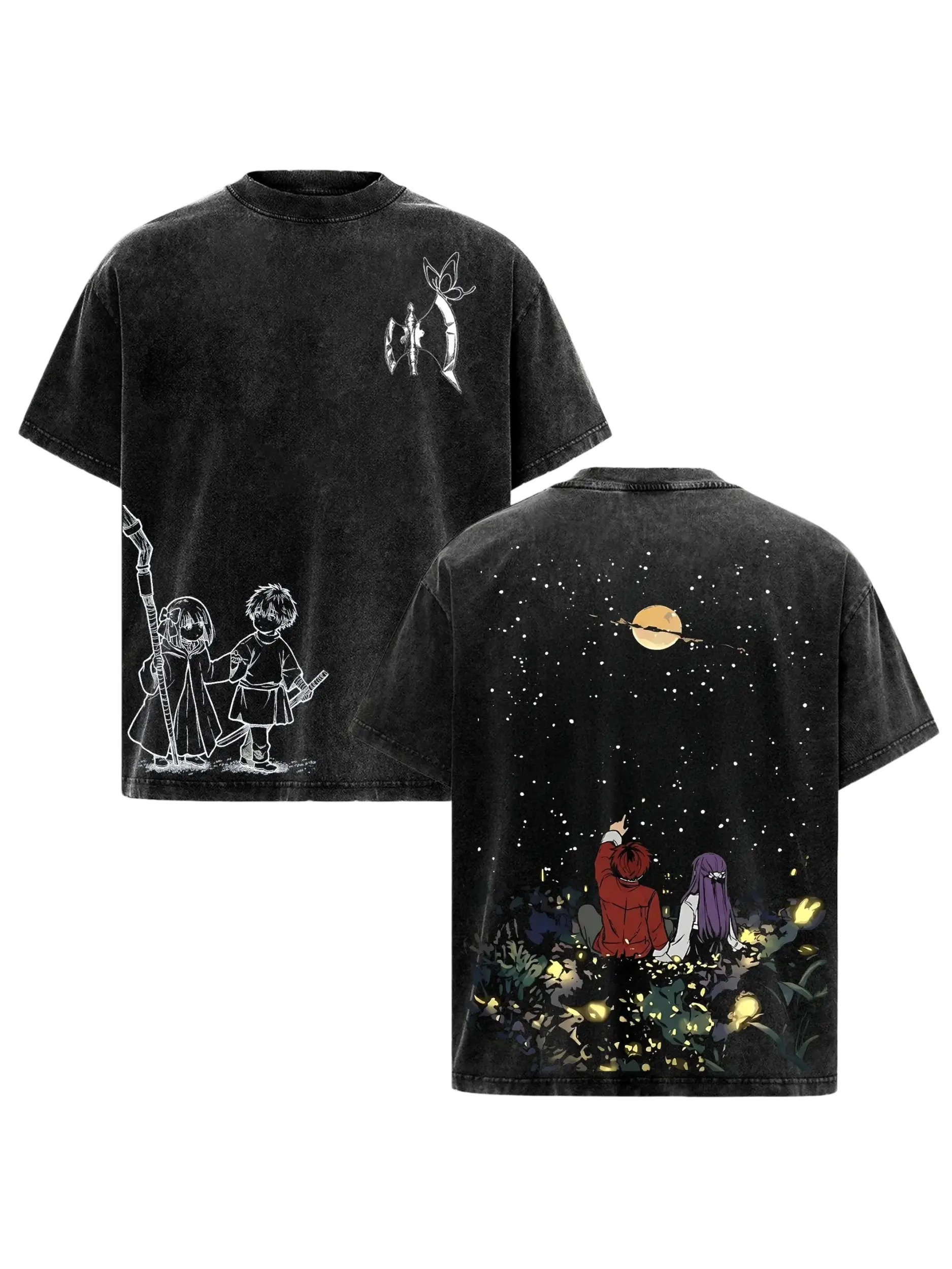 Stark Fern "Under the Stars" Frieren Season 2 Beyond Journey's End Anime Short-Sleeve Casual T-Shirt, Washed Heavy Cotton Menswear Top, Unisex Streetwear Gift for Anime Fans, Tshirt, Shortsleeve, Round Neck, Style, Washed Manga, Tee