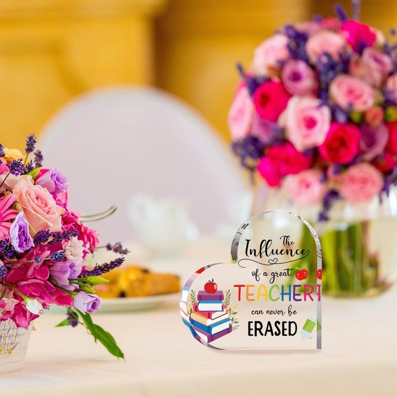 Acrylic Heart Shaped Desktop Ornaments, 1 Count Books & Letter Pattern Acrylic Plaque for Teachers, Office Classroom Desk Souvenirs