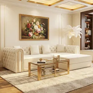 90.6" 3-in-1 Convertible Sleeper Sofa – Modern Velvet Couch with Button Tufting, Gold Edge Trim & Movable Ottoman, 3-Seater for Living Room, Apartment, Bedroom (Beige/White)​